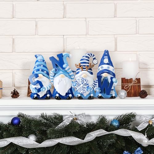 ShinyRelief 4 Pcs Resin Winter Gnome Figurines Decoration - Blue White Snow