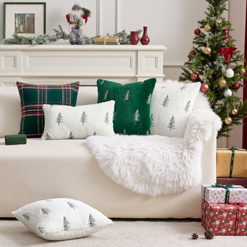 MIULEE 18x18 Inch Faux Fur Pillow Covers Set of 2 White Green Embroidered Christmas Tree
