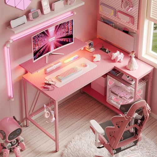 Pink Carbon Fiber Gaming Desk with LED Lights & Power Outlets - 42 Inch L-Shape