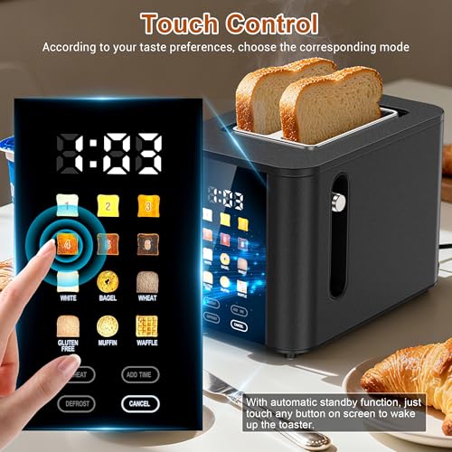 Hommater Matte Black Touch Screen 2-Slice Toaster with Digital Countdown & 6 Bread Settings