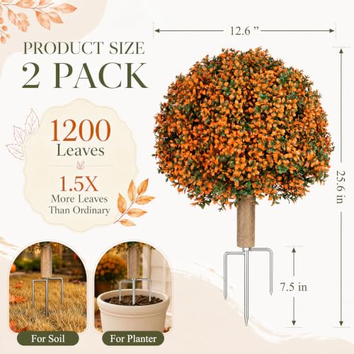Artificial Fall Topiary Ball Set - 25.6 Inch UV-Resistant Faux Bushes for Porch & Garden