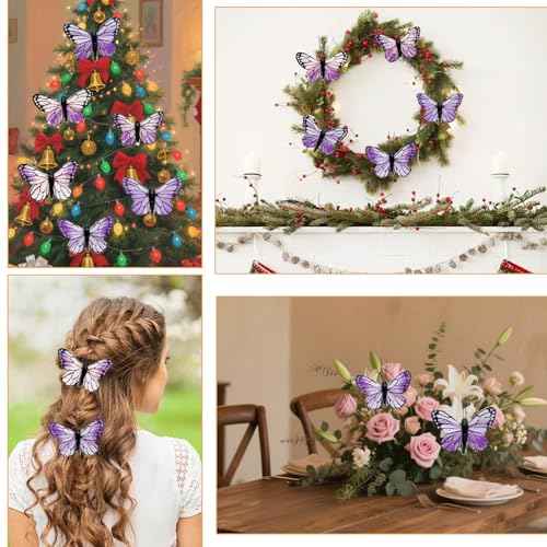 12Pack Artificial Feather Butterfly Christmas Decorations Pink Purple Bridal Butterfly Hair Clips Wedding Wall D?cor Tree Floral Bouquet Party Decor