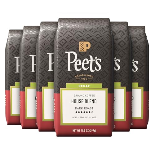 Peet's Decaf House Blend Ground Coffee - 6 Pack of 10.5 oz Dark Roast, Natural Water Processed, Arabica Beans
