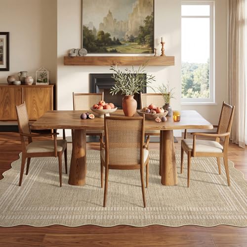 GarveeHome 6'x9' Tan Scalloped Area Rug - Washable Non-Slip Low Pile Jute Style