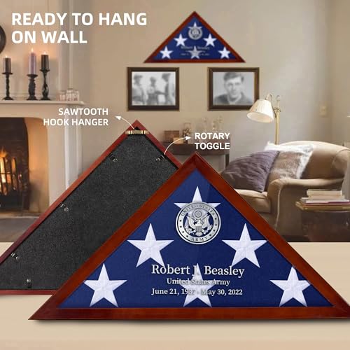 Personalized Burial Flag Display Case - Red Mahogany Wood with Custom Name & Date