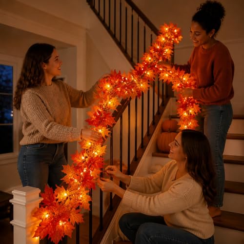 3-Pack Plug-In Fall Garland Lights with 50 Orange Incandescent Bulbs - 9FT Connectable Holiday Decor