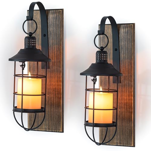 Farmhouse Wall Candle Sconce Set with Black Lanterns - Decorative Wall Mounts for Candles