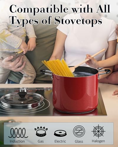 Red 10.5 Quart Non-Stick Stock Pot with Lid - Large Cooking Pot for Soup Stew