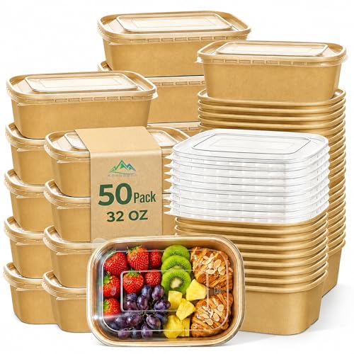 Large 32oz Paper Bowls with Lids 50 Pack Heavy Duty Disposable Takeout Containers - Microwave Safe, Leakproof, Compostable for Party & Food Service 32OZ-50PACK