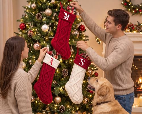 Red Knit Christmas Stocking with Initial H - 18 Inch Fireplace Decor