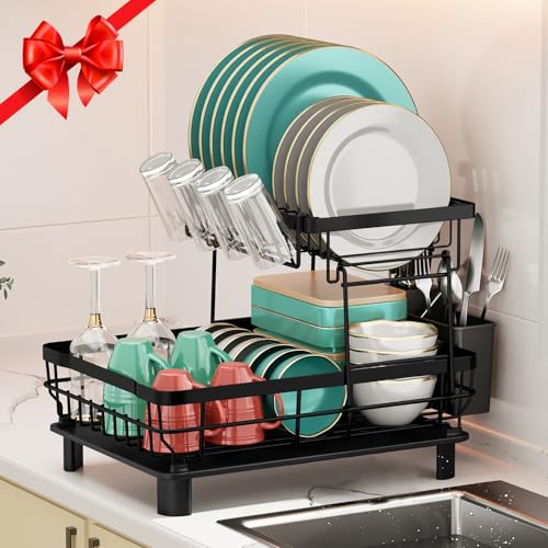 Black 2-Tier Dish Drying Rack with Drainboard for Kitchen Counter, 13''W x 17''L