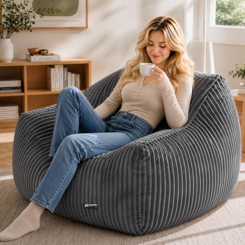 Dark Grey Plush Large Bean Bag Chair for Adults with Armrests & Back Support