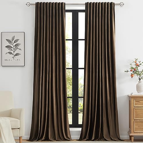 Primrose Brown Velvet Curtains Set of 2 52x120 Inch Room Darkening Window Panels - Blackout, Rod Pocket & Back Tab, Heavy Decor for Bedroom & Living Room