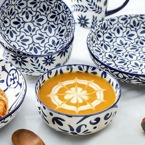Blue 28oz Ceramic Soup & Cereal Bowls Set of 6 - Bohemian Pattern