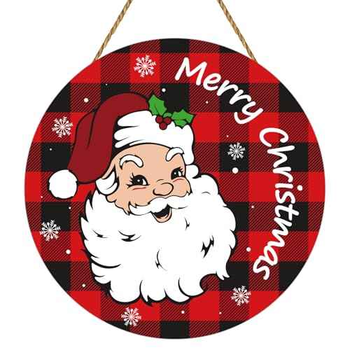 Christmas Door Decorations Santa Claus Decor Merry Christmas Sign Buffalo Plaid Wall Decor Wooden Front Door Hanger Santa Claus Hanging Sign for Wall Indoor Home Decor