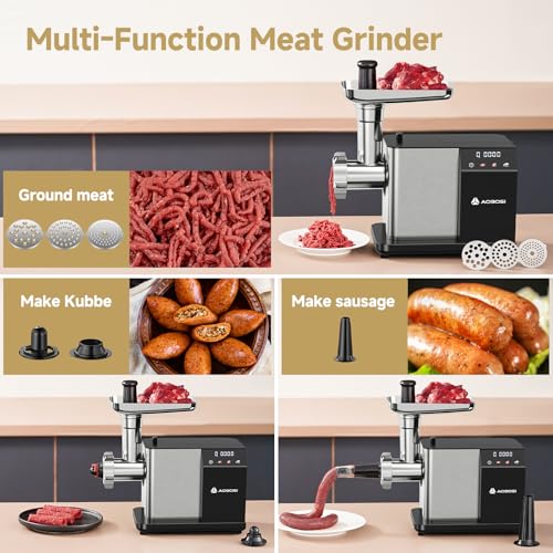 AAOBOSI Silver Electric Meat Grinder 3000W, 3 Speed Touch Screen Control