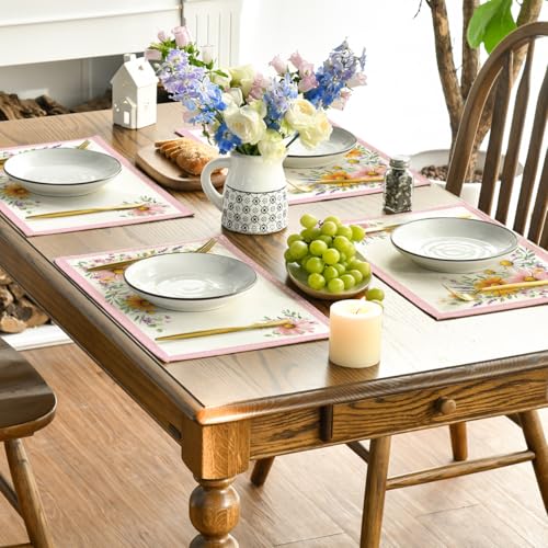 Artoid Mode Pink Sunflowers Butterfly 12x18 Inch Seasonal Placemats Set of 4 for Dining & Holiday Decor