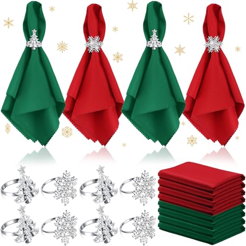 EBOOT 16 Pcs Red Christmas Napkins & Ring Set - Snowflake & Tree, Green