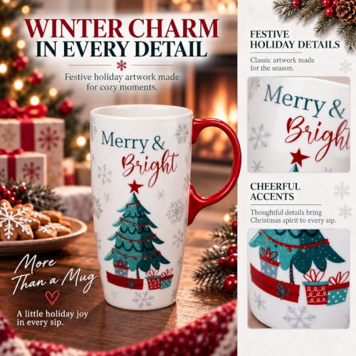 Topadorn 17oz Christmas Tree Ceramic Travel Mug with Lid - Merry & Bright