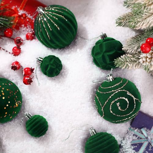 Suzile Green Velvet Christmas Ornament Set - 18 Pcs Flocked Holiday Decorations