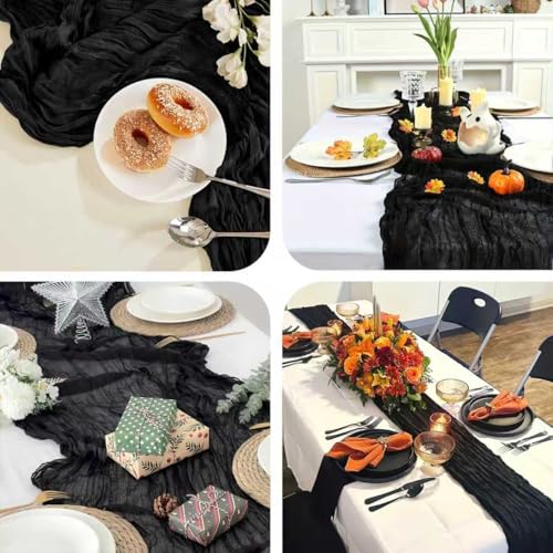 Essyle Black Cheesecloth Table Runner 10ft for Wedding & Holiday Decor