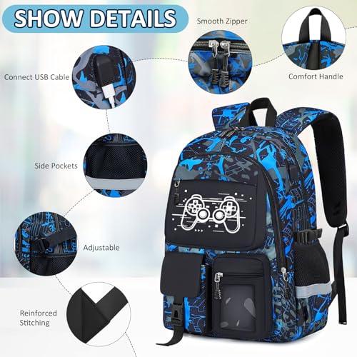Kids School Backpack Set with Lunch Box - Gamer Pattern, 18 Inch, Variation Game003-backpack Set