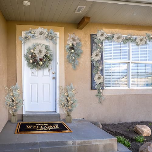 Champagne Christmas Decor Set - Snowy Wreaths, Garlands & Tree Ornaments