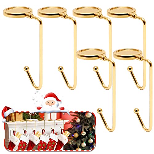Christmas Mantle Stocking Holders Set of 6 - Upgrade Non-Slip Fireplace Hangers, Lightweight Metal Hooks for Christmas Party Decoration (Gold)