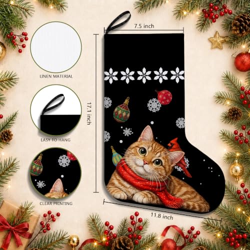 Orange Tabby Cat Christmas Stocking with XO 22 - 17in Linen Decor Gift Stocking