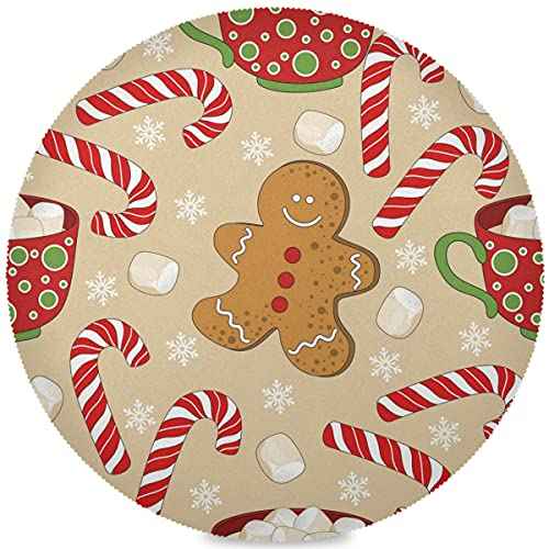 Aslsiy Christmas Gingerbread Man Round Placemats Set of 4 Winter Snowflakes Table Mats for Kitchen Non-Slip Cane Candy Brown Place Mats for Home Holiday Party Decor 15 inch