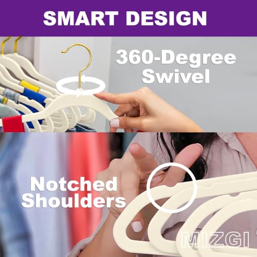 Ivory & Gold Velvet Hangers Pack of 60 - Heavy Duty Slimline Non-Slip Closet Organizers
