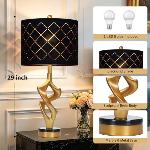 Black & Gold 29-Inch Modern Sculptural Table Lamps Set of 2 with 3 Color Temperatures