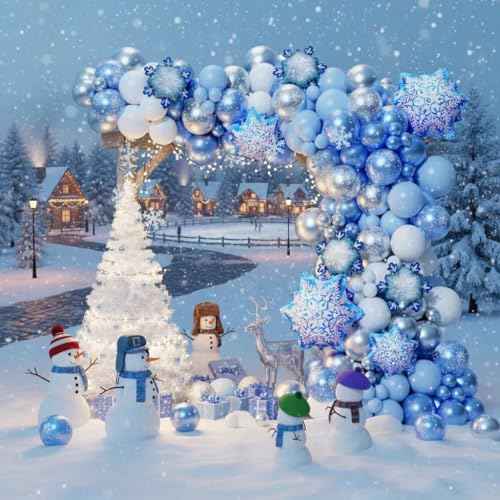 Snowflake Balloon Arch Garland Kit 182pcs, Snowflake Balloon Arch Kit Silver Blue White Wonderland Balloons for Winter Wonderland Christmas Baby Shower Snow Princess Birthday Party Decorations