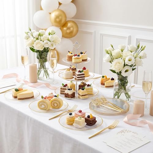 Clear Gold Disposable Dessert Plates & Forks Set - 200 Pieces for Weddings & Parties