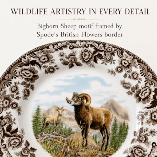Spode Woodland Bighorn Sheep Salad Plate 8" - British Flowers Border, Rustic Game Animal, Made in England