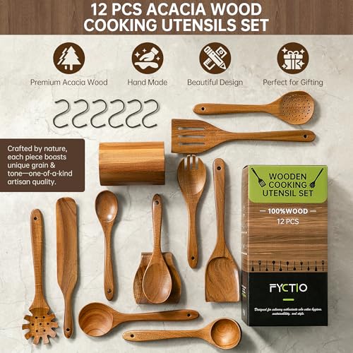 12 PCS Wooden Utensil Set with Storage Stand - Acacia Kitchen Tools for Cooking