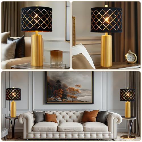 RORIANO Gold Modern Table Lamps Set of 2 with Black Grid Shades - Living Room & Bedroom Decor