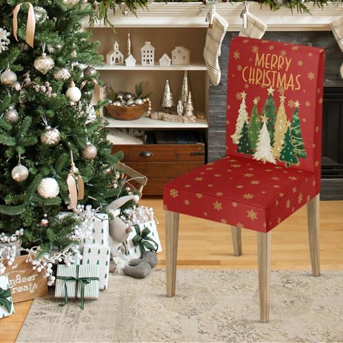 Horaldaily Red Christmas Pine Tree Star Chair Covers 8PCS - Holiday Home Decor