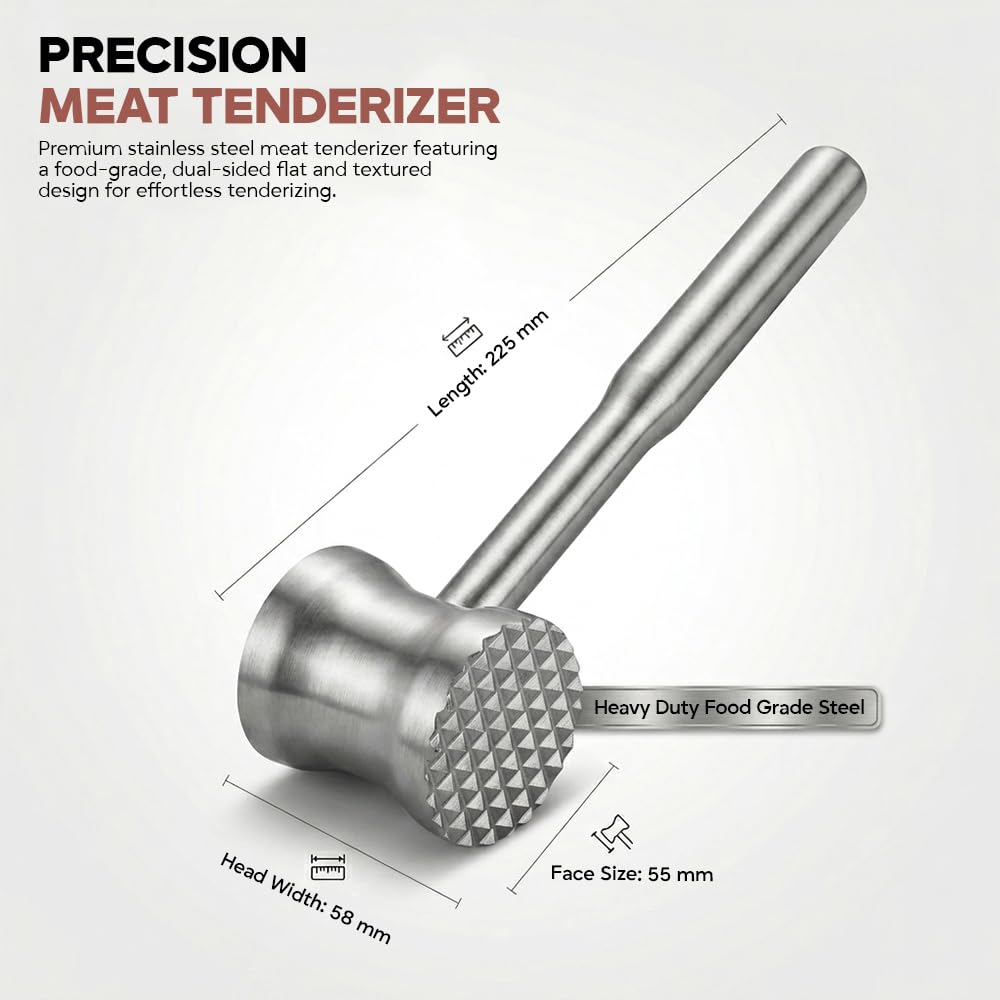 304 Stainless Steel Tenderizer Mallet Dual-Sided Hammer, Heavy Duty Pounder Tool for Steak, Beef & Chicken Cutlets, Textured Grip Kitchen Mallet, Dishwasher Safe Beater for Cooking
