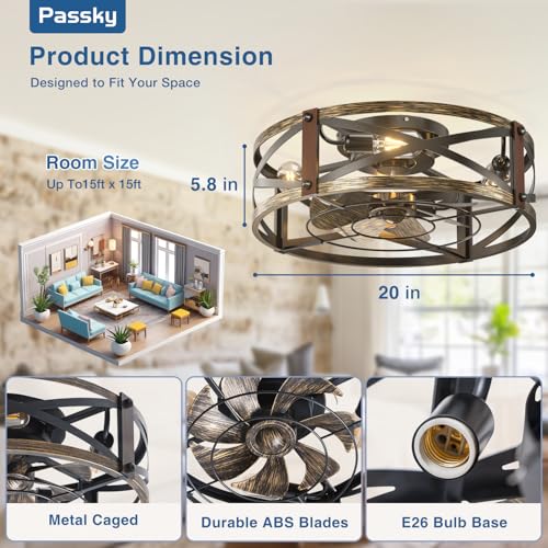 Black Brushed Gold 20-Inch Caged Ceiling Fan with Lights & Remote - Low Profile Fandelier
