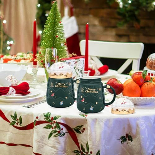 Peclek Green 17.6 oz Christmas Mug with Snow Globe Lid - Festive Ceramic Coffee Cup