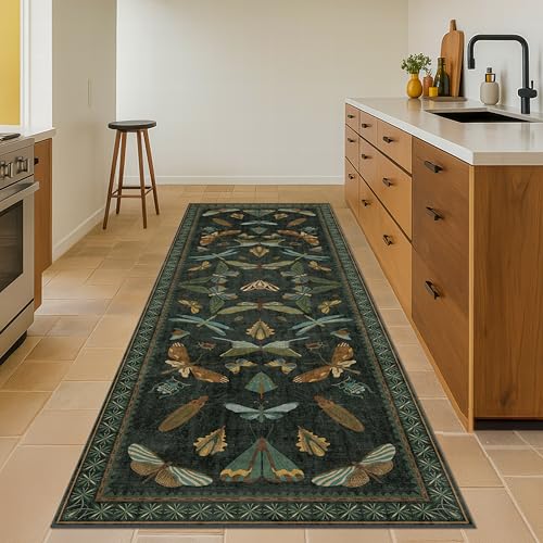 Hazo Haus 8 ft Dark Green Hallway Runner Rug - 2'6'' x 8'' Non-Slip Washable Boho Indoor Floor Mat