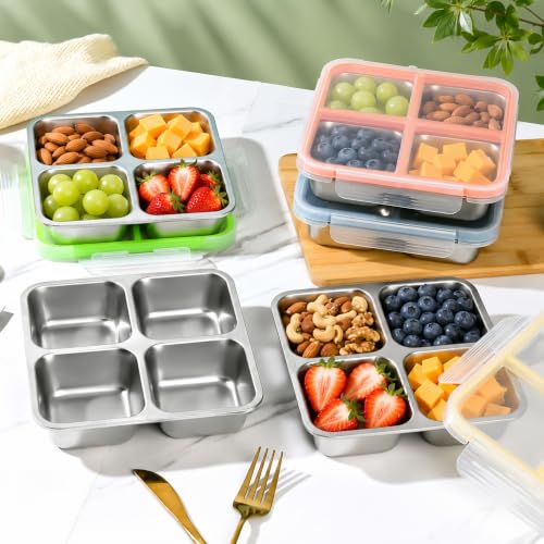 Monoan 24 oz Stainless Steel Snack Containers 4-Pack - 4-Compartment Bento Lunch Boxes - Variation of 4