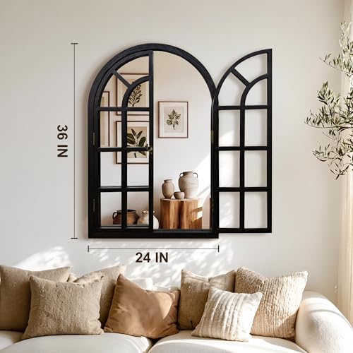 Black Arched Wood Mirror with Opening Shutters - 36 x 24 Inches Farmhouse Wall Decor