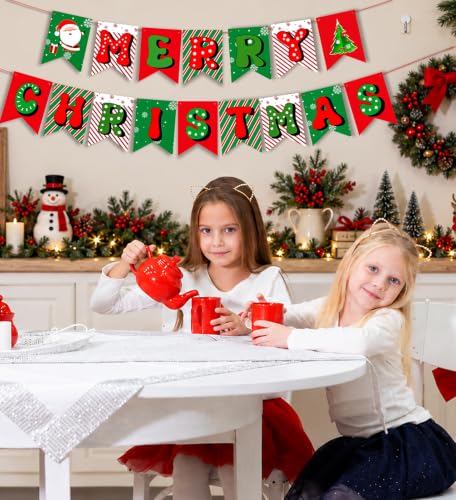 Red and Green Merry Christmas Banner - Indoor Outdoor Xmas Decorations for Home Fireplace