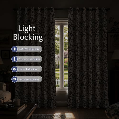 Navy Grommet Blackout Curtains 2 Panels - 52x84 Inches, Modern Floral Design