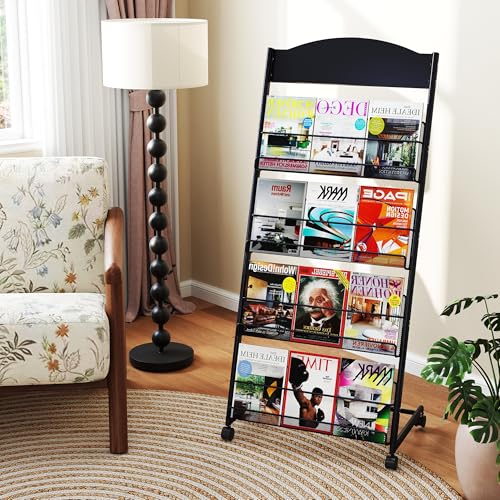 4-Layer Floor Standing Magazine Rack with Wheels & Top Billboard for Exhibitions & Offices