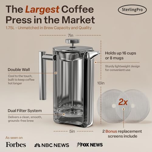 Mirror Finish 64oz Extra Large Stainless Steel French Press Coffee Maker, 16 Cups