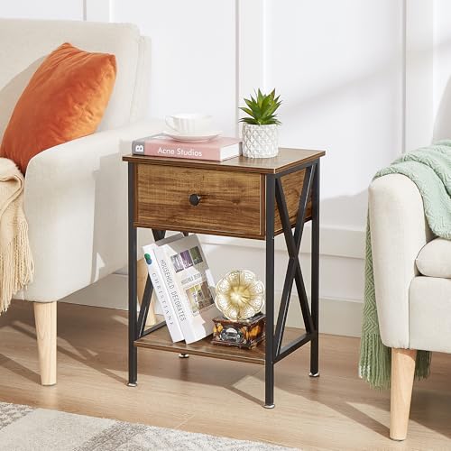 VECELO Vintage Brown Set of 2 Nightstands with Drawer & Storage Shelf - Industrial Bedside End Tables for Bedroom & Living Room