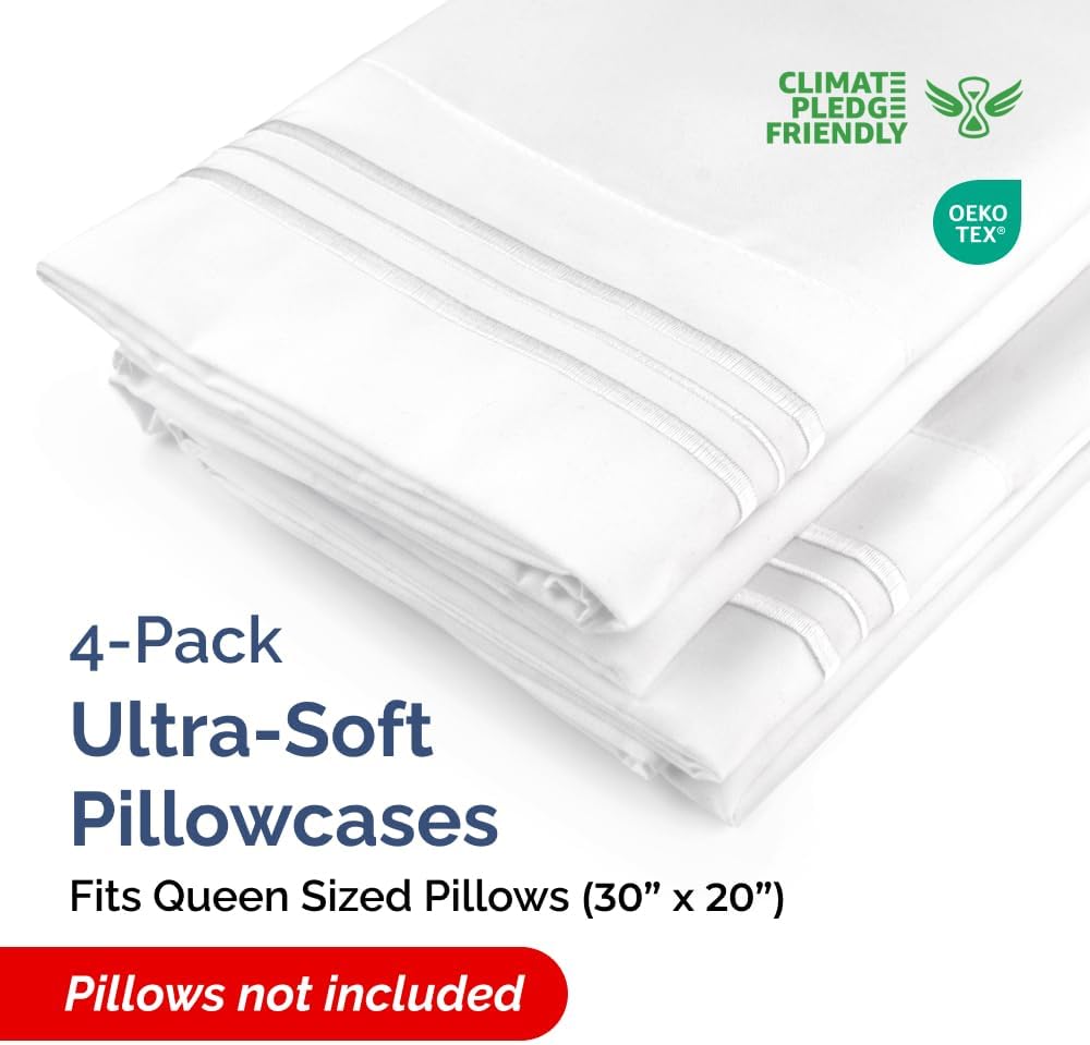 Queen Pillow Cases by [Brand Name] - Ultra Soft Hotel Quality Covers | Wrinkle-Free & Stain Resistant - 4 Piece Set - White